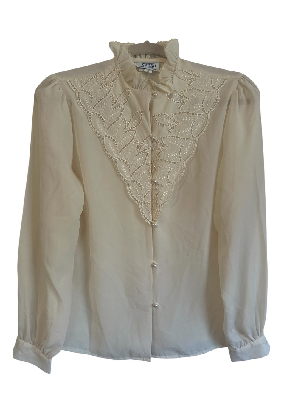 Vintage sheer long sleeve pearl buttons ruffle neckline women’s medium